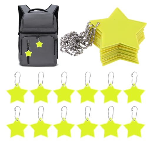 Molain Sicherheits Reflektor Anhänger,12pcs Stern Reflektoren Kinder Anhänger für Rucksack Schulranzen, Reflektierende Schlüsselanhänger für Schultasche Rucksack Radfahren Gehen(Fluoreszierendes Gelb) von Molain