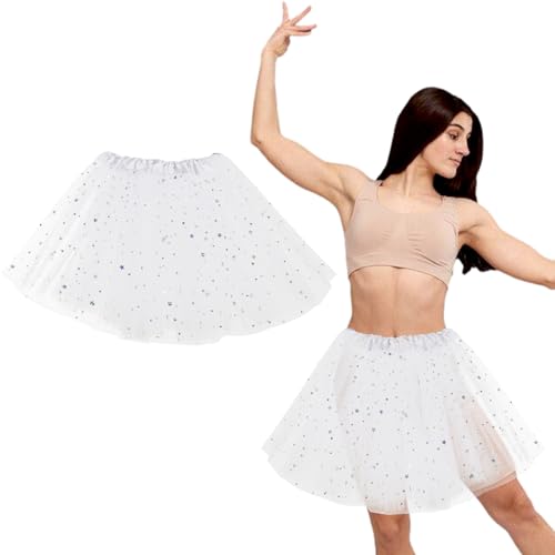 Molain Tutu 3 Schichten Top Tüllrock Ballett Glitzer Pailletten Gaze Kostüm Halloween Weihnachten Partys Übergröße Ballerina Tanz Halbrock Vintage Ballkleid Damen (6-18 Jahren) Sternweiß von Molain