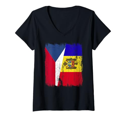 Damen Tschechische Republik Moldawien Halbflagge Tschechien Moldawisches Erbe T-Shirt mit V-Ausschnitt von Moldova Flag Designs Moldovan Proud Roots
