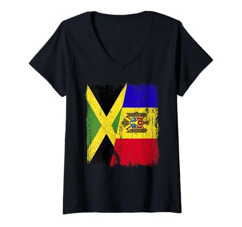 Damen Jamaika, Moldawien, halbe Flagge, jamaikanisches moldauisches Erbe T-Shirt mit V-Ausschnitt Damen Jamaika, Moldawien, halbe Flagge, jamaikanisches moldauisches Erbe T-Shirt mit V-Ausschnitt von Moldova Flag Designs Proud Moldovan Roots