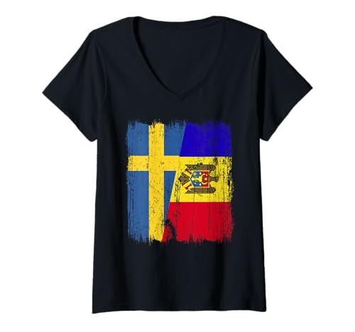 Damen Schweden Moldawien halbe Flagge schwedisches moldauisches Erbe T-Shirt mit V-Ausschnitt Damen Schweden Moldawien halbe Flagge schwedisches moldauisches Erbe T-Shirt mit V-Ausschnitt von Moldova Flag Designs Proud Moldovan Roots
