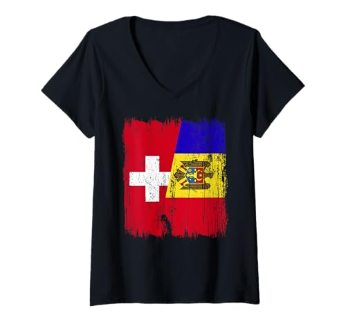 Damen Schweiz Moldawien Halbflagge Swiss Moldavan Heritage T-Shirt mit V-Ausschnitt Damen Schweiz Moldawien Halbflagge Swiss Moldavan Heritage T-Shirt mit V-Ausschnitt von Moldova Flag Designs Proud Moldovan Roots