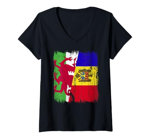 Damen Wales Moldawien, halbe Flagge, walisisches moldauisches Erbe T-Shirt mit V-Ausschnitt Damen Wales Moldawien, halbe Flagge, walisisches moldauisches Erbe T-Shirt mit V-Ausschnitt von Moldova Flag Designs Proud Moldovan Roots