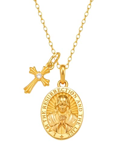 Jesus Kreuz Kette Damen Silber 925 Vergoldete Gold Kreuz Anhänger Halskette mit Jesus Christus Religiöse Christliche Katholische Schmuck Wundertätige Medaille Taufkette Kommunion Mädchen Geschenke von Molenia
