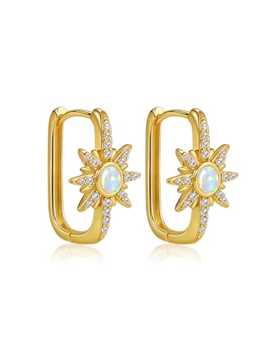 Opal Ohrringe Creolen Damen Silber 925, Gold Quadratische Ohrringe Creolen, Boho Edelstein Schmuck mit Zirkonia Achtzackiger Stern Anhänger Weihnachten Geburtstag Geschenk für Freundin Ehefrau Frau von Molenia