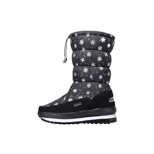 Molinter Damen Halbschaf Schneestiefel mit Warme Plüsch Gefütterte Wasserdicht Rutschfest Winterstiefel Schneeschuh (Schwarze Schneeflocken, Erwachsene, Damen, 36, Numerisch, EU Schuhgrößensystem, M) von Molinter