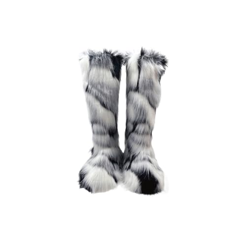 Molinter Damen Kunstpelz Hohe Stiefel mit Gefütterte Flauschig Plüsch Schneestiefel Snow Boot Außen Drinnen (Höhe: 40CM) (Schwarz+Weiß, Erwachsene, Damen, 41, Numerisch, EU Schuhgrößensystem, M) von Molinter