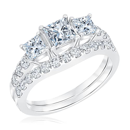 Molioaki Damen Platin überzogenes Silber Prinzessin-Schnitt 5A Zirkonoxid Ringset Schmuck für Braut Hochzeit Band Verlobungsring Trauring Ehering -58 von Molioaki