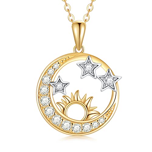 Molioaki Halskette Damen Gold 9k (375) Kette Damen Gelbgold Sonne Mond Stern Mädchen Anhänger Länge 45-50 cm Choker Geschenke für Freundin von Molioaki