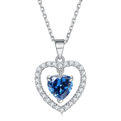 Molioaki Halskette Damen Silber 925 mit Anhänger Geburtsstein Herz kette 45+5 cm Länge Kette Damen mit Zirkonia 1 Karat Silberkette Geschenke für Frauen Valentinstag Geburtstags Muttertag-9C von Molioaki