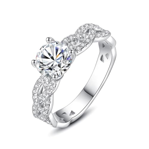 Molioaki Verlobungsring Damen Silber 925 1CT Runder Schnitt Zirkon Ringe Engagement Ring Ehering mit Geschenkbox Verlobung Damen Solitär Personalisierte Geschenkmit Größe 52 von Molioaki