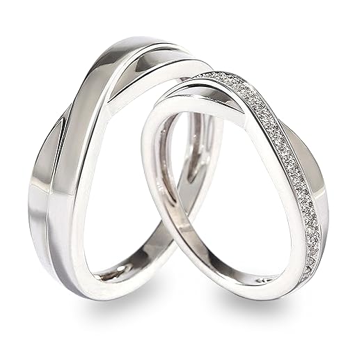 Molioaki Verlobungsring Paar Silber Paar Ringe mit Gravur Personalisierte Ringe mit Zirkon Hochglanzpoliert Breite 4.5MM 3.5MM Ehering Trauring Partnerringe für Sie und Ihn von Molioaki