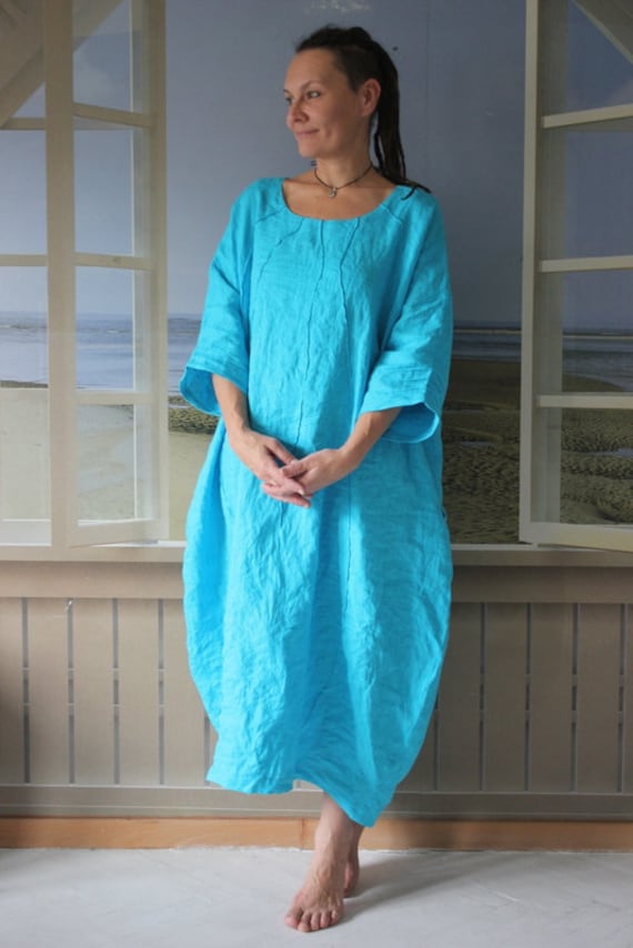 Türkises Leinen Maxikleid Oversize Boho Style, Länge Nach Wunsch von Moliqlinen