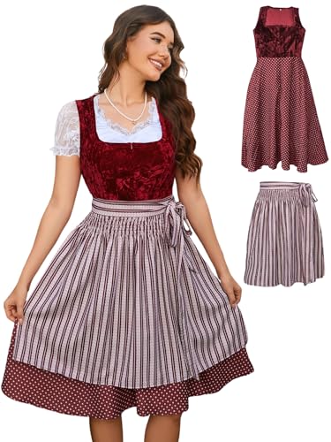 Molirex Dirndl Ohne Schnürung Rot, Damen Samt Dirndlkleid 2tlg Trachtenkleid mit Schürze Midi Halloween Kleid Komplettsets M von Molirex