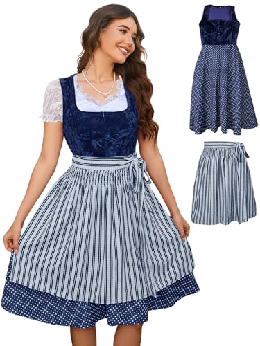 Molirex Dirndl Samt Damen Blau, Ohne Schnürung Midi Dirndlkleid 2tlg Trachtenkleid mit Schürze Oktoberfest Trachtenmode L von Molirex