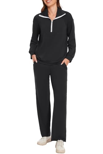 Molirex Jogginganzug Damen Langarm Trainingsanzug Set Halbem Reißverschluss Zweiteiler Tracksuits Activewear Baumwolle Freizeitanzug Schwarze 2XL von Molirex