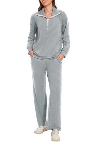 Molirex Jogginganzug Damen Set Baggy Langarm Zweiteiler Trainingsanzug Halbem Reißverschluss Streatwear Tracksuits mit Taschen Hellgrau 2XL von Molirex