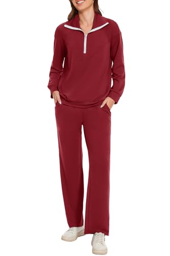 Molirex Jogginganzug Damen mit Reissverschluss Trainingsanzug Sets Langarm Zweiteiler Tracksuit Einfarbig Elegant Freizeitanzug Hausanzug Burgunderrot L von Molirex