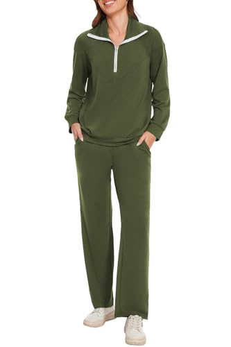 Molirex Jogginganzug Damen mit Reissverschluss Trainingsanzug Sets Langarm Zweiteiler Tracksuit Einfarbig Elegant Freizeitanzug Hausanzug Grün M von Molirex