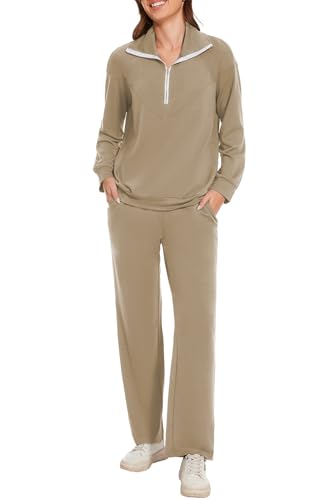 Molirex Jogginganzug Damen mit Reissverschluss Trainingsanzug Sets Langarm Zweiteiler Tracksuit Einfarbig Elegant Freizeitanzug Hausanzug Khaki XL von Molirex
