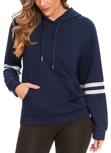 Molirex Kapuzenpullover Damen Oversize, Rundhalsausschnitt Langarm Hoodie mit Taschen Farbblock Pullover Sweatshirts Herbst Winter Oberteil Blau XXL von Molirex