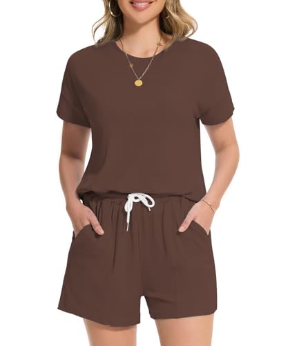 Molirex Pyjama Damen Kurz Sommer Lounge Set Rundhalsausschnitt Einfarbig Zweiteiler Hausanzug Nachtwäsche mit Shorts Sleepwear Schlafanzug Jogginganzug Braun S von Molirex