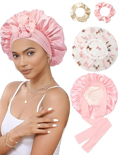 Molirex Satin Haarhaube FüR Die Nacht-Set, EnthäLt 1 SchlafmüTze Damen, 2 Haargummis Und 1 Duschhaube von Molirex