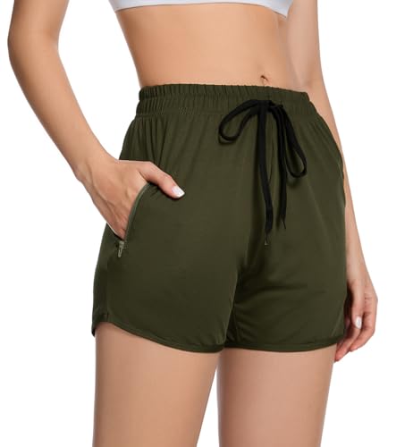 Molirex Sport Shorts Damen mit Taschen Sommer Kurz Trainingshose Running Jogging Laufshorts High Waist Laufhose Armeegrün M von Molirex