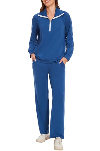 Molirex Sportanzug Damen Set Langarm Halbem Reißverschluss Trainingsanzug Zweiteiler Jogginganzug mit Taschen Activewear Tracksuits Blau M von Molirex