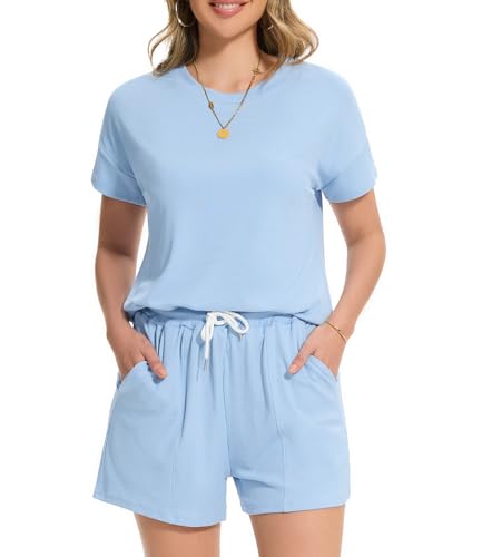 Molirex Zweiteiler Damen Sommer Kurzarm Pyjama Set Zweiteiler Hausanzug Loungewear Rundhals T Shirt und Shorts Einfarbig Schlafanzug Nachtwäsche mit Taschen Blau S von Molirex