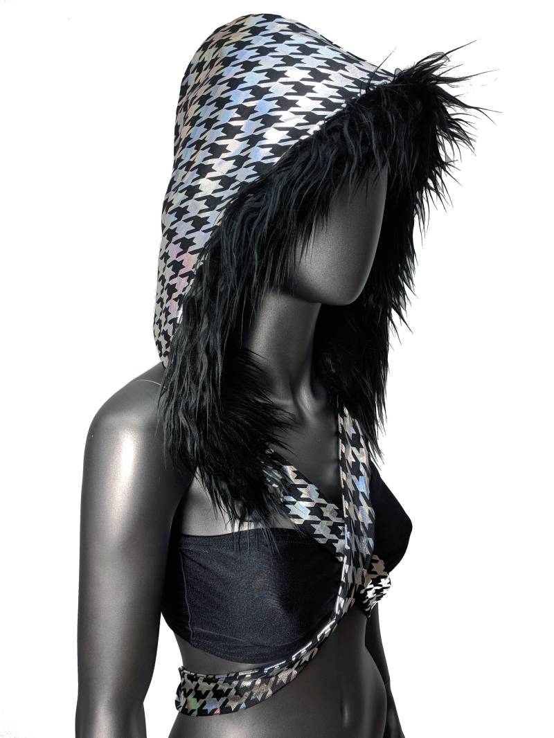 Silber Hahnentritt & Schwarzes Fell Wickeln Kapuze von MolliPopGlow