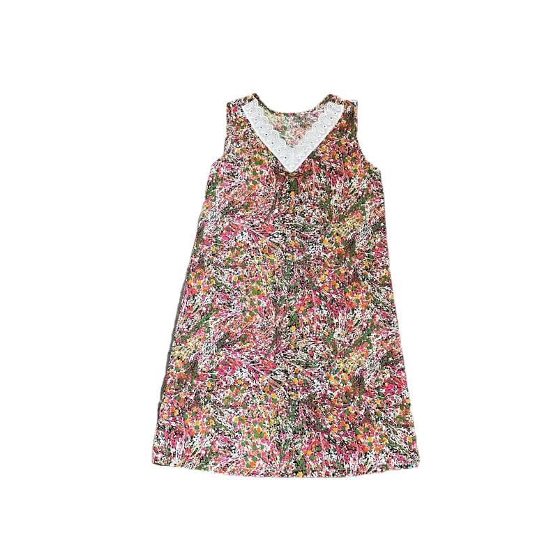 Vintage 1970Er Jahre Etuikleid Spitzenbesatz Psychedelisch Neon Bunte Blumen Strick Mini Hauskleid von MollyThrifts