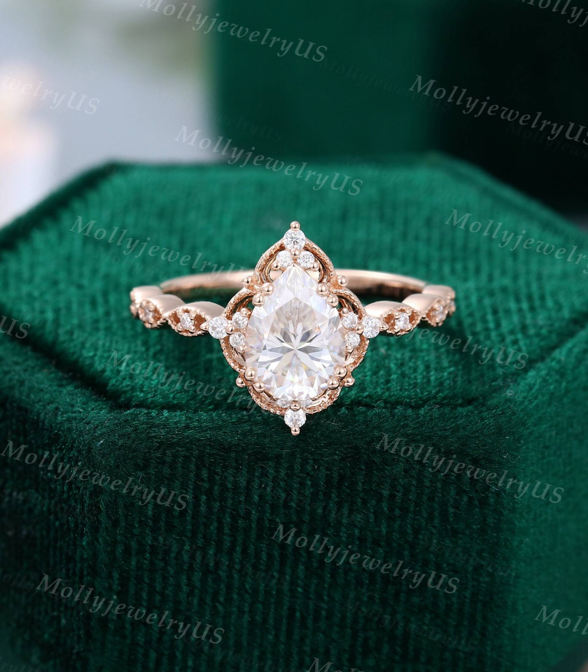 Tropfenförmiger Moissanite Verlobungsring Vintage Rose Gold Einzigartige Halo Frauen Halbe Ewigkeit Hochzeit Braut Jahrestag Geschenk von MollyjewelryUS