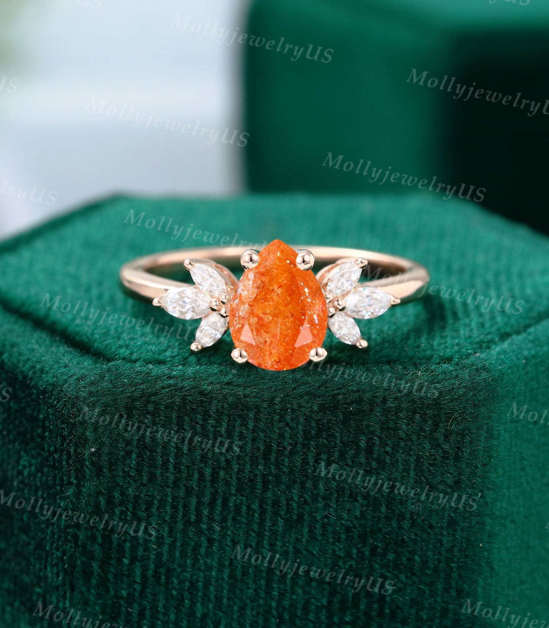 Birnenförmiger Sonnenstein-Verlobungsring, Vintage, Einzigartiger Marquise-Schliff, Moissanit/Diamant-Cluster-Verlobungsring, Roségold, Hochzeit von MollyjewelryUS