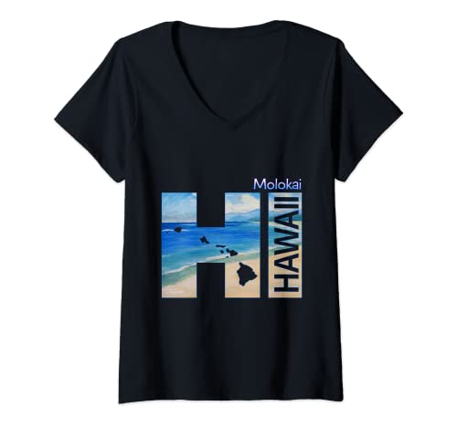 Damen Molokai HI Hawaii Inseln T-Shirt mit V-Ausschnitt Damen Molokai HI Hawaii Inseln T-Shirt mit V-Ausschnitt von Molokai Hawaiian Vacation Designs