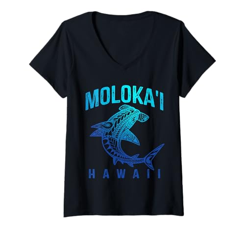 Damen Molokai Hawaii Tribal Shark Polynesischer Hawaiian-Strand T-Shirt mit V-Ausschnitt von Molokai Tribal Shark Hawaii Hawaiian Beach Surfing