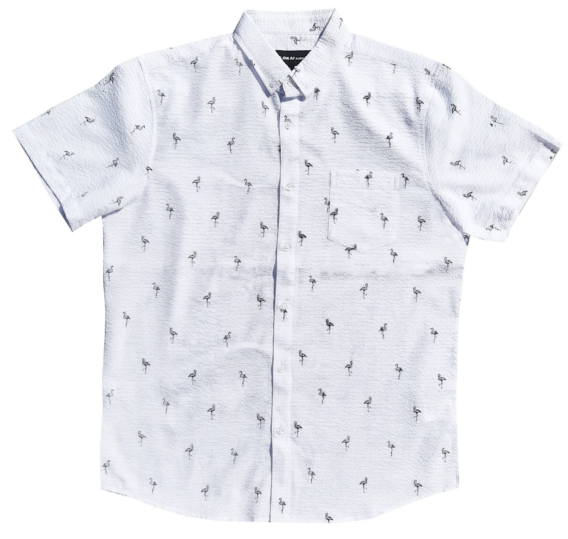 Molokai Seersucker Weißes Flamingo Button-Down-Hemd Molokai Seersucker Weißes Flamingo Button-Down-Hemd von MolokaiSurfCompany