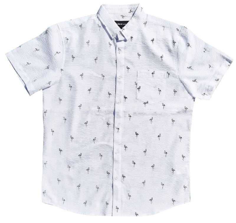 Molokai Seersucker Weißes Flamingo Button-Down-Hemd von MolokaiSurfCompany