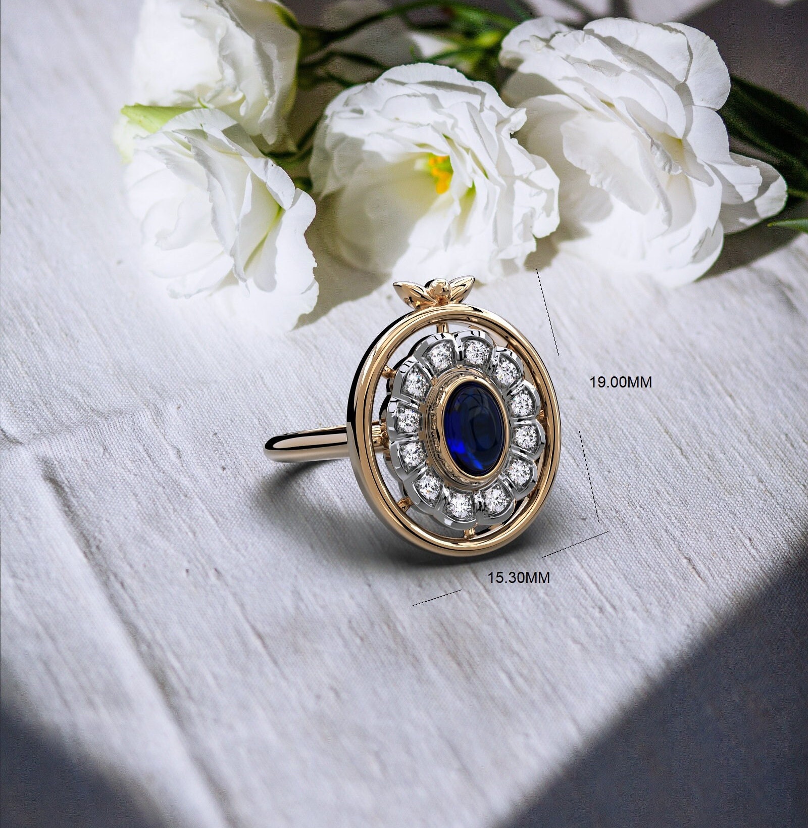 Oval Blauer Saphir Halo Ring Für Frauen Zweifarbiger Designer Sie Verlobungsring Braut Sterling Silber Fashion Cz von MoltaBellaJewels