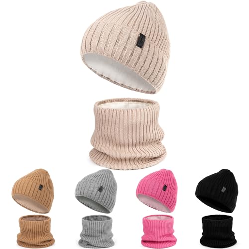 Molti Merinowolle Winter Warm Mütze und Loop Schal Set mit Fleece Gefütterte für Kinder Jungen Mädchen, Wintermütze Strickmütze Beanie Schlauchschal Halswärmer (Beige) von molti