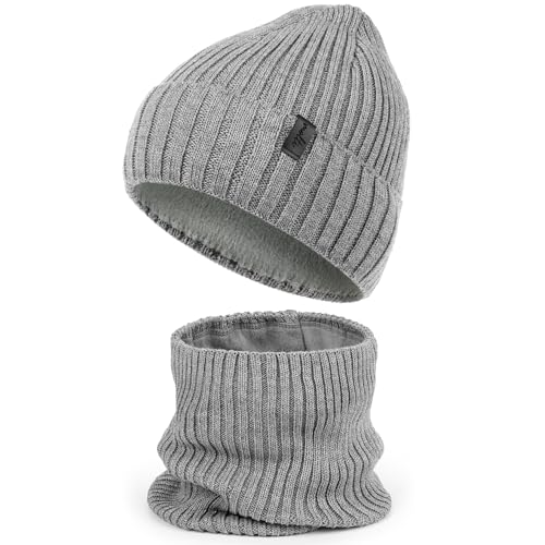 molti Kinder Mütze 52–54 cm & Loop Schal Set – Warm Gefüttert mit Merinowolle & Fleece | Wintermütze & Schlauchschal für Jungen & Mädchen, Weich & Winddicht | Farbenauswahl (Grau) von molti