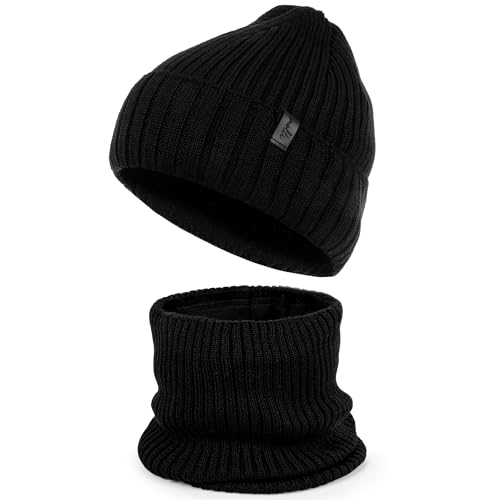 Molti Merinowolle Winter Warm Mütze und Loop Schal Set mit Fleece Gefütterte für Kinder Jungen Mädchen, Wintermütze Strickmütze Beanie Schlauchschal Halswärmer (Schwarz) von molti
