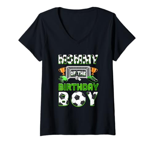 Damen Matching Party für Mama des Geburtstagskindes, Fußball, Familie T-Shirt mit V-Ausschnitt von Mom Birthday Boy Soccer Family