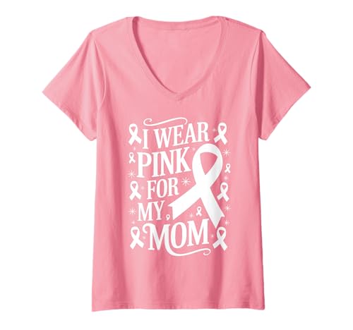 Damen Ich trage Rosa zur Unterstützung des Krebsbewusstseins meiner Mutter T-Shirt mit V-Ausschnitt Damen Ich trage Rosa zur Unterstützung des Krebsbewusstseins meiner Mutter T-Shirt mit V-Ausschnitt von Mom Cancer Awareness Support Gifts & Tees