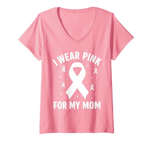 Damen Ich trage Rosa zur Unterstützung des Krebsbewusstseins meiner Mutter T-Shirt mit V-Ausschnitt Damen Ich trage Rosa zur Unterstützung des Krebsbewusstseins meiner Mutter T-Shirt mit V-Ausschnitt von Mom Cancer Awareness Support Tees Gifts