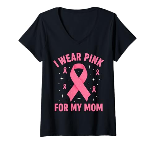 Damen Ich trage Rosa zur Unterstützung des Krebsbewusstseins meiner Mutter T-Shirt mit V-Ausschnitt Damen Ich trage Rosa zur Unterstützung des Krebsbewusstseins meiner Mutter T-Shirt mit V-Ausschnitt von Mom Cancer Awareness Support Tees Gifts