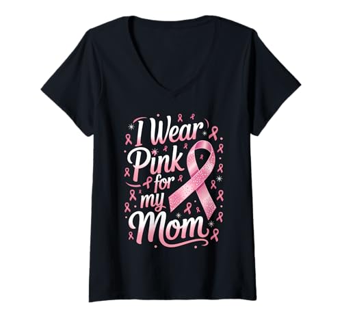 Damen Ich trage Rosa zur Unterstützung des Krebsbewusstseins meiner Mutter T-Shirt mit V-Ausschnitt Damen Ich trage Rosa zur Unterstützung des Krebsbewusstseins meiner Mutter T-Shirt mit V-Ausschnitt von Mom Cancer Awareness Survivor Gifts & Tees Co
