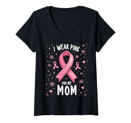 Damen Ich trage Rosa zur Unterstützung des Krebsbewusstseins meiner Mutter T-Shirt mit V-Ausschnitt Damen Ich trage Rosa zur Unterstützung des Krebsbewusstseins meiner Mutter T-Shirt mit V-Ausschnitt von Mom Cancer Awareness Survivor Support Gifts Co