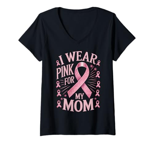 Damen Ich trage Rosa zur Unterstützung des Krebsbewusstseins meiner Mutter T-Shirt mit V-Ausschnitt Damen Ich trage Rosa zur Unterstützung des Krebsbewusstseins meiner Mutter T-Shirt mit V-Ausschnitt von Mom Cancer Awareness Survivor Support Gifts Tees