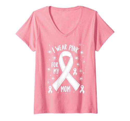 Damen Ich trage Rosa zur Unterstützung des Krebsbewusstseins meiner Mutter T-Shirt mit V-Ausschnitt Damen Ich trage Rosa zur Unterstützung des Krebsbewusstseins meiner Mutter T-Shirt mit V-Ausschnitt von Mom Cancer Awareness Survivor Support Gifts